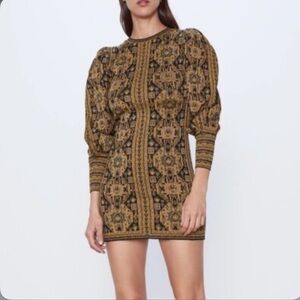 Zara Jacquard Mini Dress Black and Gold Long Sleeve Dress